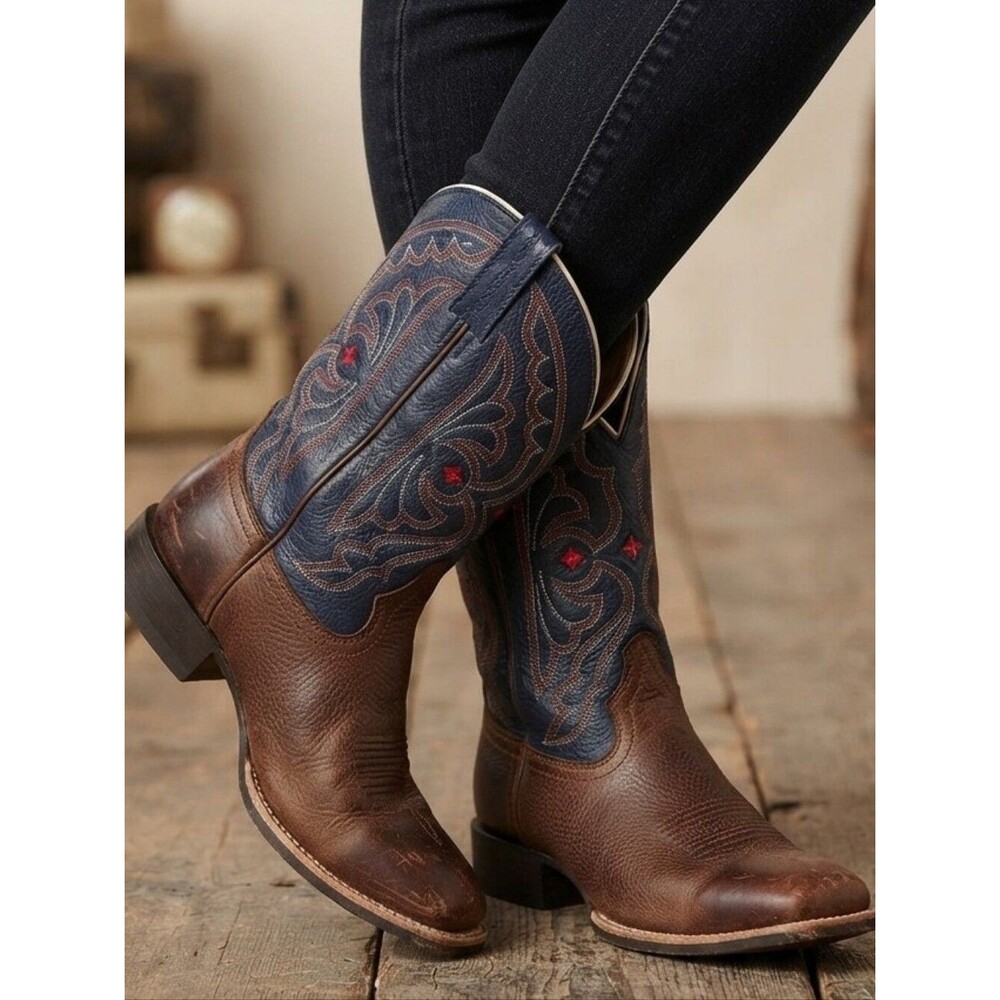 Ariat Quickdraw Western Riding Boots US 5 Leather Brown Blue Cowboy